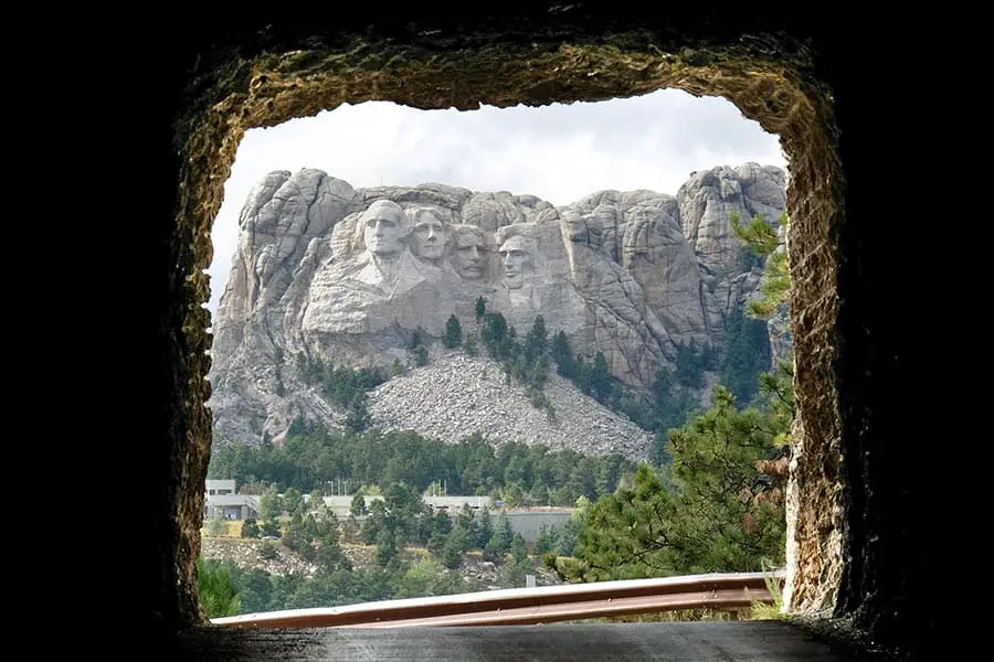 View of presidential carvings through tunnel
