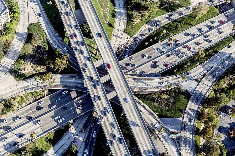Aerial view of congested freeway in downtown Los Angeles, California