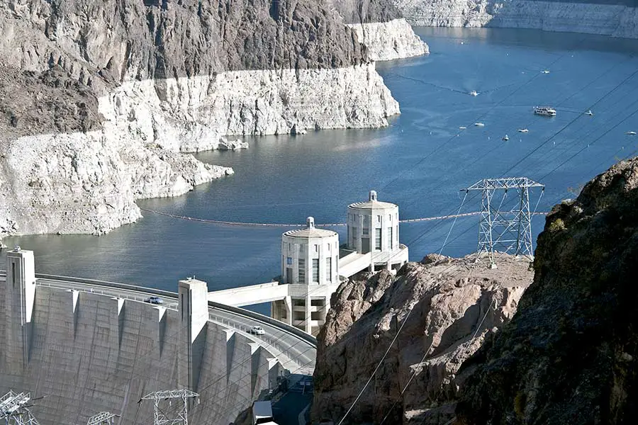 Hoover Dam and boats on Lake Mead Nevada