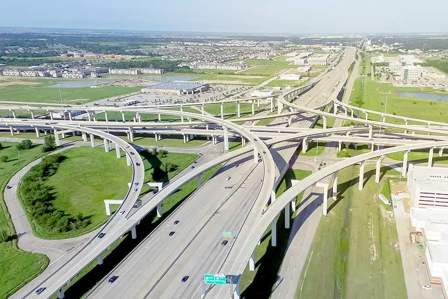 Aerial view of multiple ramps on a major interstate highway