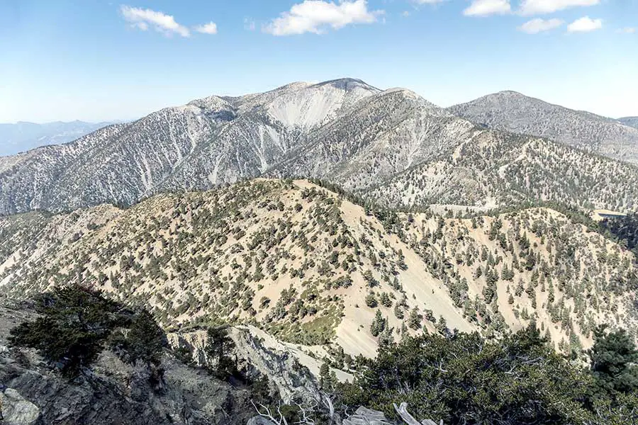 Distant view of mountain peaks of Mt Baldy in Southern California