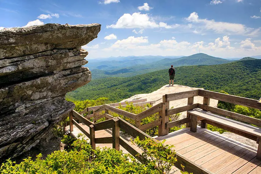 Rocky outcropping, wooden walkway leads to mountain overlook