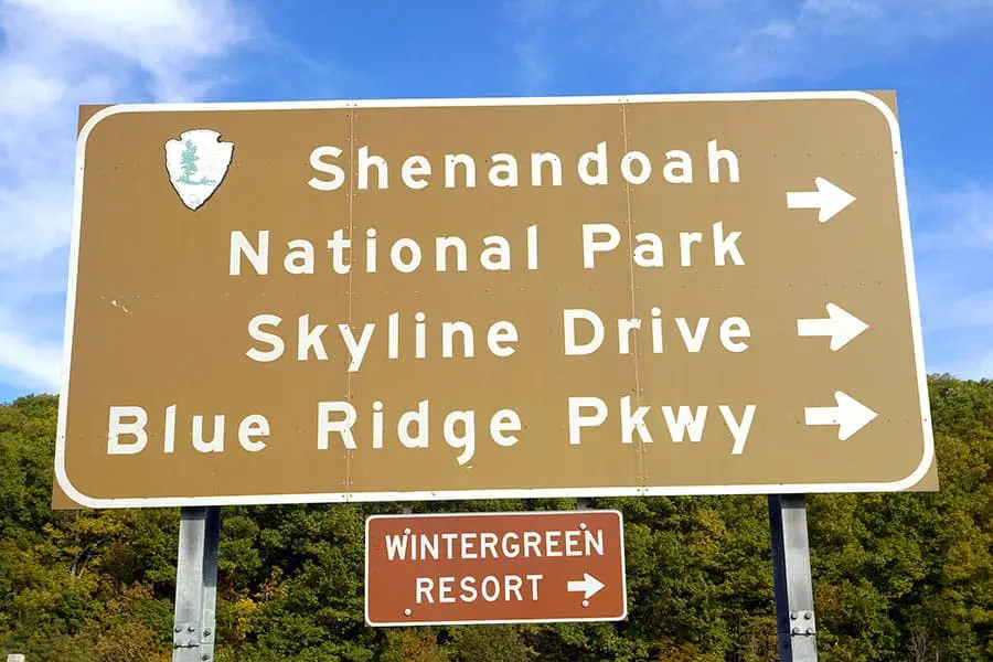 Road sign to Shenandoah National Park, Skyline Drive and Blue Ridge Parkway