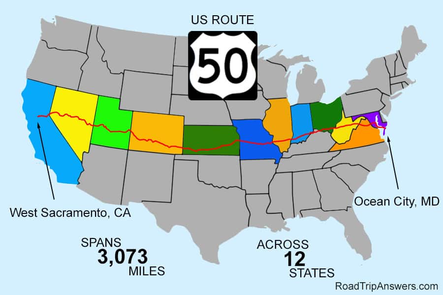 Route 50 crosses the US from Ocean City, Maryland to Sacramento, California