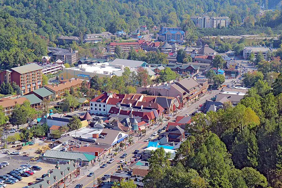Aerial view of downtown Gatlinburg, Tennessee with many hotels and lodges