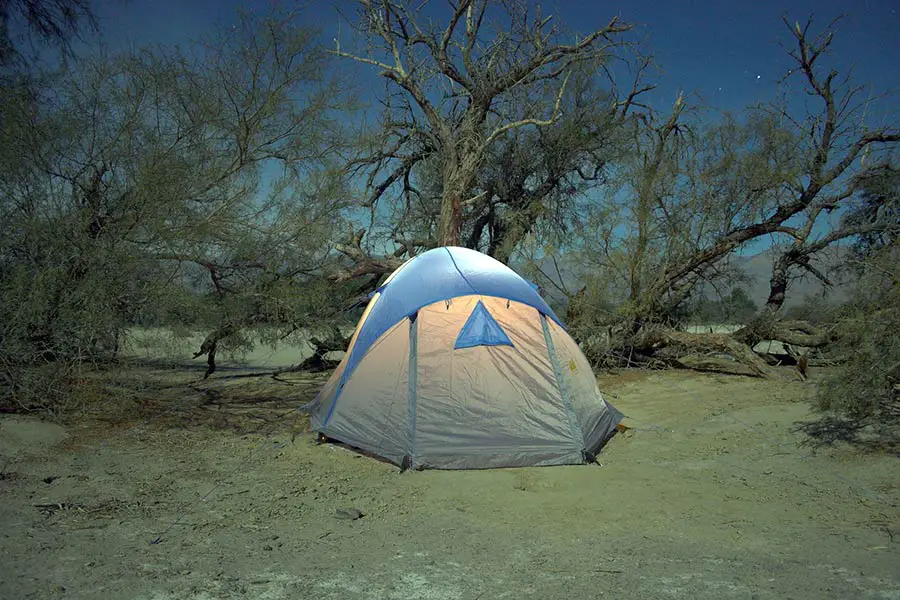 Camping tent pitched under trees in Death Valley