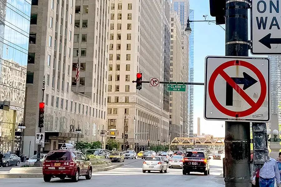 Busy street and Chicago skyscrapers