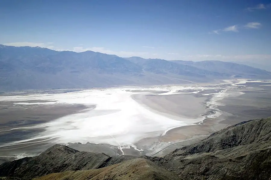 Dantes View is on a ridge of the Black Mountains overlooking Badwater Basin