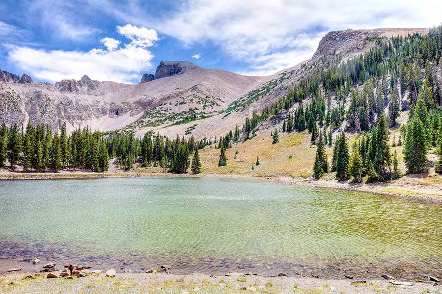 Stella Lake, a small mountain lake surrounded by the majestic Snake Mountains in Nevada