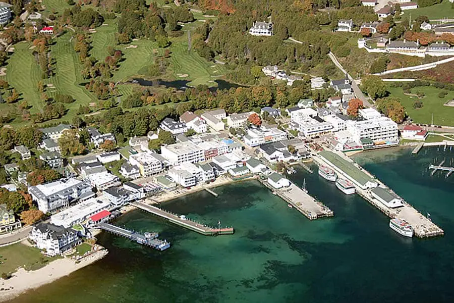 Aerial view of lake, piers and lake front buildings