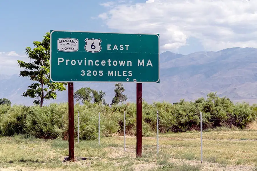 US Route 6 sign, 3205 miles east to Provincetown, Massachusetts