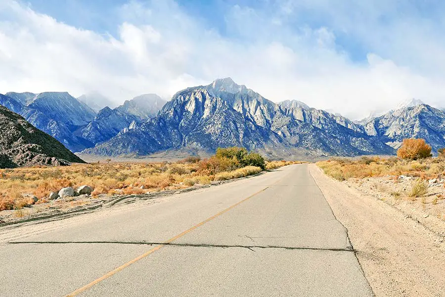 The scenic Whitney Portal Road leads to the rugged Sierra Nevada mountains