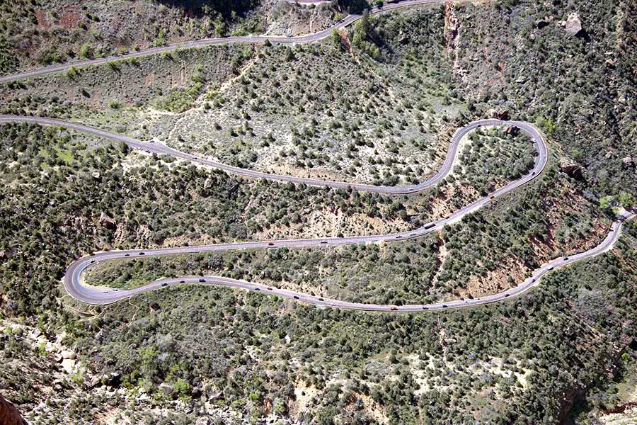 Vehicles on winding route 9, the road providing access to Zion National Park