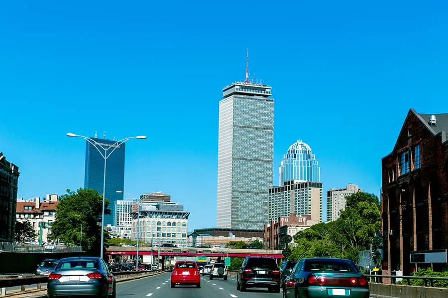 Traffic headed to downtown Boston, Prudential Tower in background