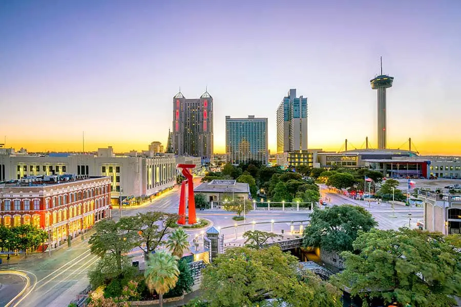 Downtown San Antonio skyline with skyscrapers and 750 foot-tall Tower of the Americas restaurant