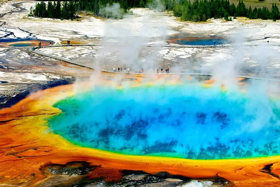 Rainbow colored Grand Prismatic Spring, Yellowstone's largest hot spring