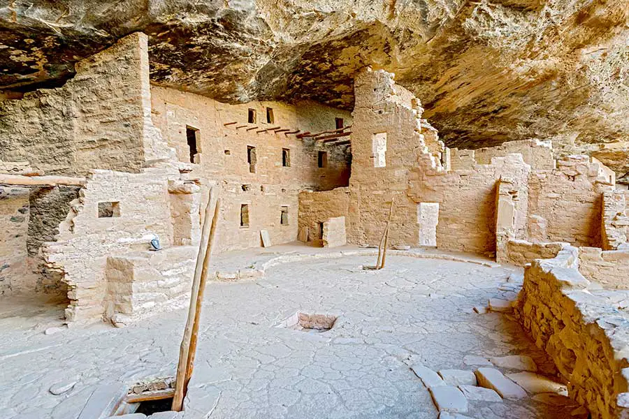 Cliff dwelling built with stone, mud mortar and wooden beams