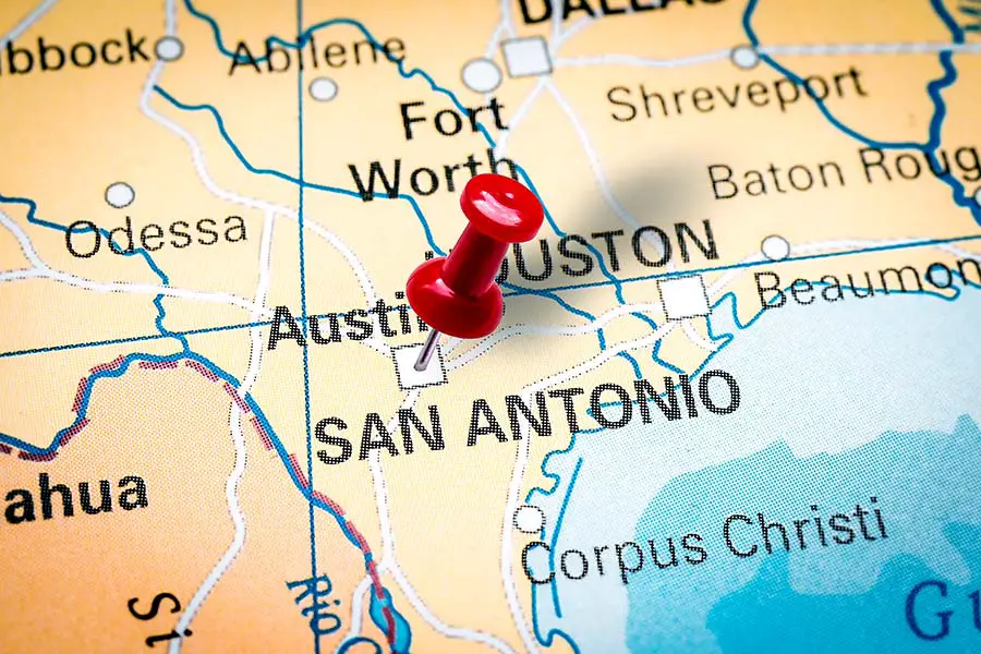 Map with push pin in Austin and San Antonio Texas
