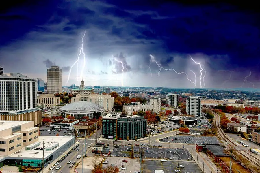 Dark clouds and lightning over downtown Nashville