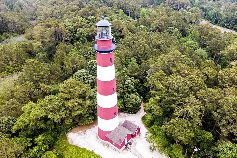 Red and white striped island lighthouse surrounded by trees