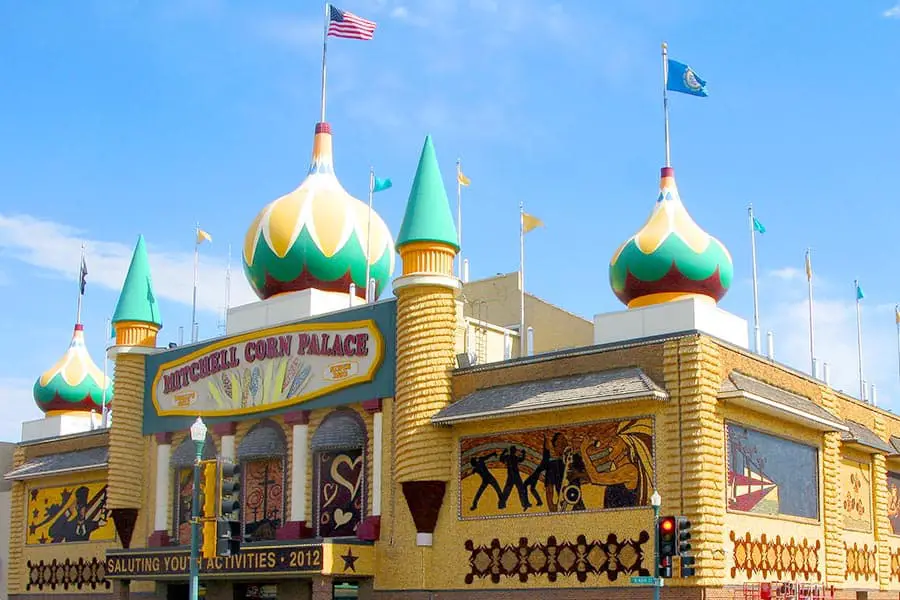 Exterior of Mitchell Corn Palace with murals made from corn, grains and natural grasses, South Dakota