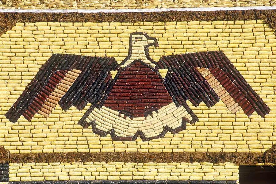Eagle wall mural made of different colored corn in South Dakota